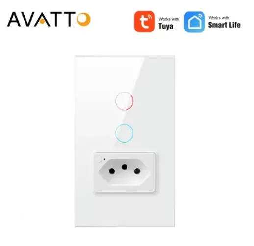 Interruptor duplo com tomada Smart, compatível com Alexa.
