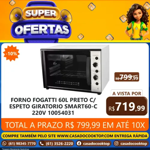 FORNO FOGATTI 60L PRETO C/ ESPETO GIRATORIO SMART60-C 220V 10054031