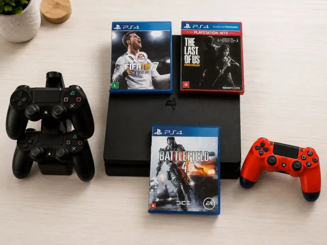 PS4 slim 1TB 3 controles+ 3 jogos + suporte de carregamento 