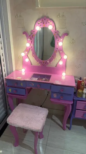 Penteadeira infantil mdf rosa com banco e gaveteiro