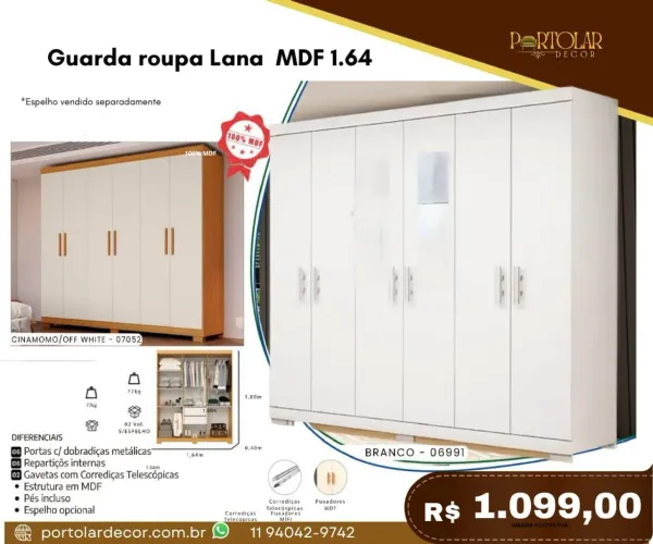 Guarda Roupa Lana MDF 1.64 - à pronta entrega