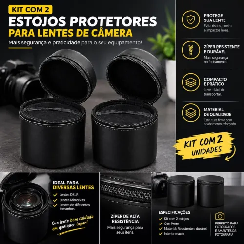 Kit 2 Estojos Protetores para Lentes de Câmera Fotográfica - Preto com Zíper
