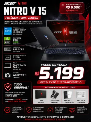 Acer Nitro V15 com i5-13420H + RTX 3050 GDDR6 + 8 GB DDR5 5200 Mhz + SSD 512 GB
