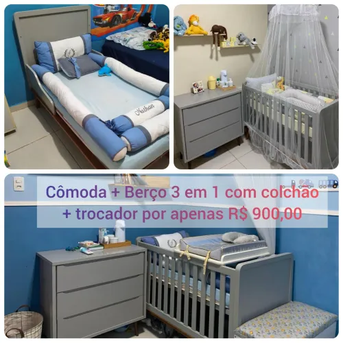 BERÇO 3 EM 1 + CÔMODA + TROCADOR + COLCHÃO ? R$ 900,00