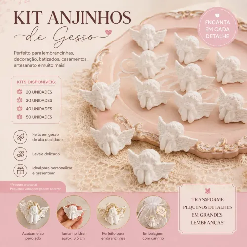 Kit Aplique Anjinho Vintage em Gesso para Artesanato, Batizado e Decoração