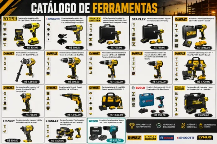 Promoção Parafusadeiras Dewalr Bosch Wesco Lynus Menegotti 20v 18v