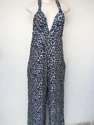Macacão Longo Feminino Frente Única Onça Azul Tam 40 Viscose Pantalona