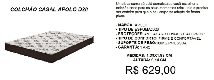 COLCHÃO CASAL D28 APOLOSPUMA - PRONTA ENTREGA