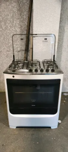 Fogão Consul 5 bocas branco com mesa de inox e tampa de vidro