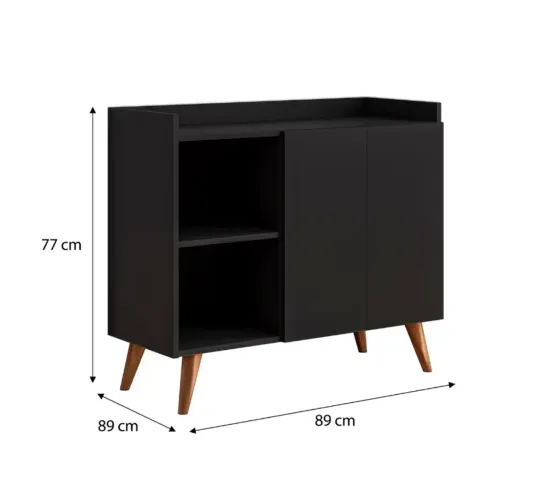 Balcão buffet aparador 2 portas para casa com pés de madeira divisórias na cor preto