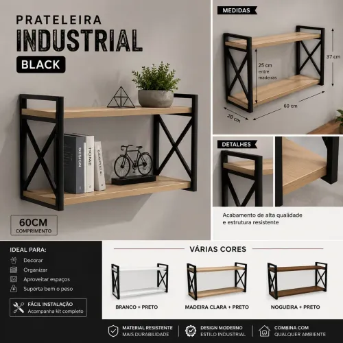 Prateleira estilo industrial black 70cm
