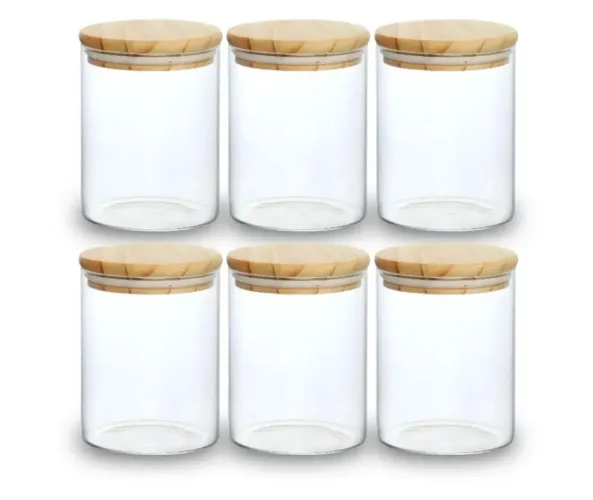 6 potes de vidro com tampas de bamb