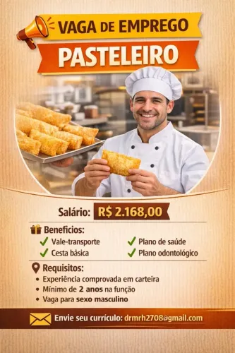 Vagas pasteleiro/ padeiro/ Copeiro/ ASG