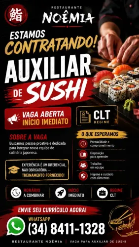 Auxiliar de Sushi - Vaga com Início Imediato | CLT