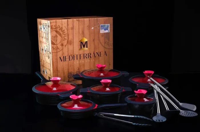 Kit de Panelas 17 Peças Mediterrânea Antiaderente com Tampa de Vidro