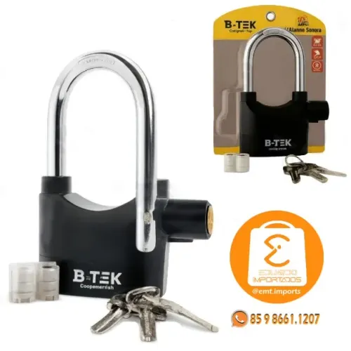 Cadeado Com Alarme Sonoro Antifurto10mm 110dB B-Tek BT-358