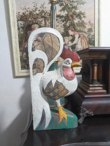 Galo vintage em madeira pintada a mão