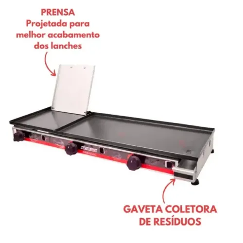 Chapa De Lanche Bifeteira Com Prensa 90x30 Inox A Gás 3 Bocas + METALLUX