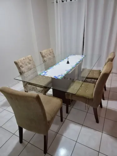 Mesa de Jantar em vidro 15mm / Com base de Marmore travertino + 5 Cadeiras 