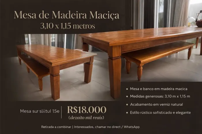 Mesa de Madeira Maciça Gigante 3,10m + Banco | Alto Padrão
