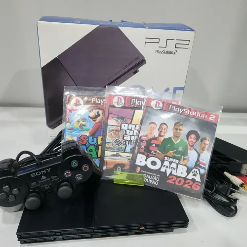 Playstation 2 slim, completo com, caixa jogos, controle original e garantia só hoje prom