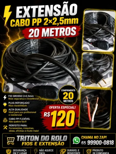 Extensão Cabo PP 2 x 2.5 mm Flexível 20 Metros