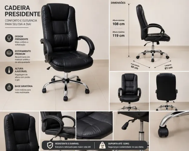 CADEIRA PRESIDENTE BASE CROMADA GIRATÓRIA 
