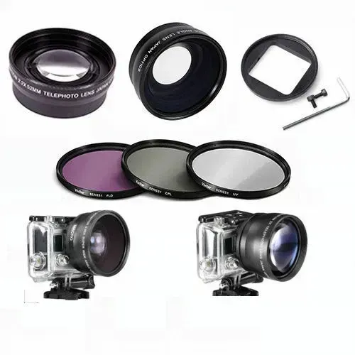 ADAPTADOR COM KIT LENTES PARA GOPRO: FISHEYE LENS+TELEPHOTO ZOOM LENS + FILTER KIT 