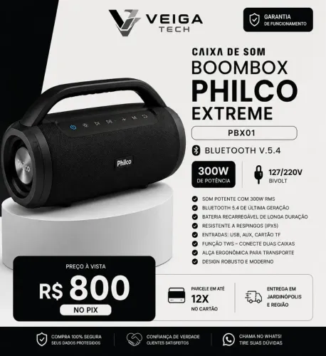 Caixa De Som Boombox Philco Extreme Bluetooth V.5.4 300w Pbx01 Preto 127/220v