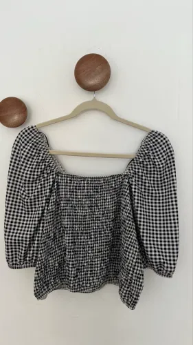 Blusa Cropped Feminina Manga Bufante Vichy Preto