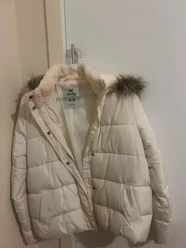 Jaqueta Puffer Feminina Branca Hering Com Capuz De Pelo - Tamanho M