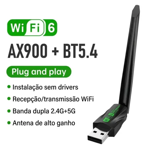 Adaptador USB Wi-Fi 6 AX900 Mbps Dual Band com Bluetooth 5.4 e Antena de Alto Ganho