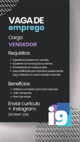 VAGA: ATENDENTE DE VENDAS - i9 Tecnologia BH