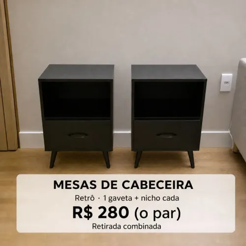 Par de Mesas de cabeceira Pretos · Retrô · 1 gaveta + nicho 
