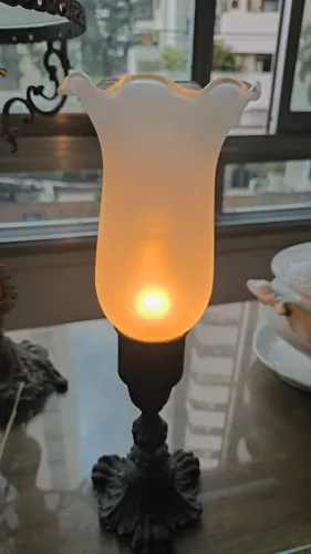 Abajur com cúpula de vidro fosco e jateado em formato de tulipa e base de metal