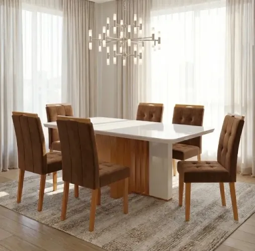 Conjunto Mesa de Jantar Montella 170 com Vidro e 6 Cadeiras Veludo Marrom