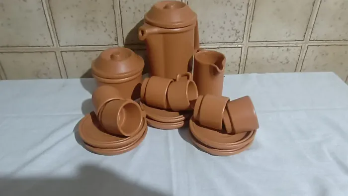 Conjunto de café rústico terracota completo com 15 peças, marca vila Rica. Vintage anos 80