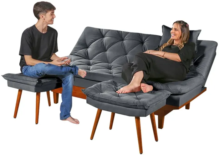 Sofá-cama 3 lugares em suede + 2 banquetas