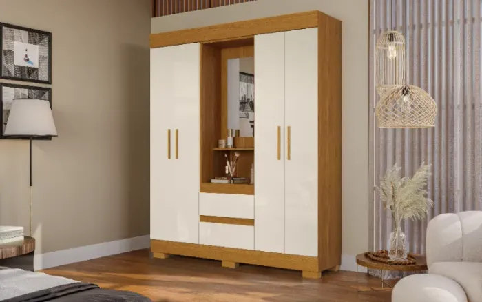 Guarda Roupa Isabely 4 Portas com Espelho e Pés (Novo)
