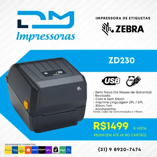 Impressora Térmica de Etiquetas Zebra ZD230 (06 Meses Garantia)