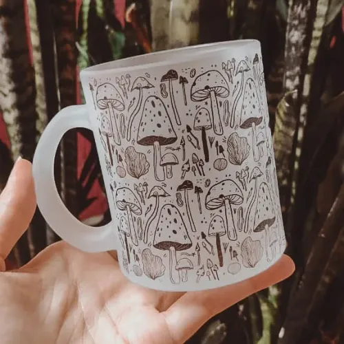 Caneca de Vidro Jateado Cogumelos