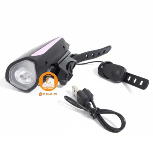 Lanterna Farol Led para Bicicleta c/ BUZINA, Recarregável