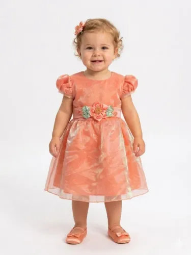 Vestido de Festa Infantil Exclusivo 1 Ano - Organza e Cetim Alaranjado