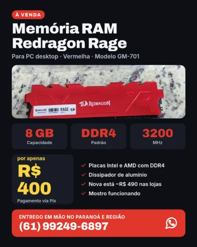 Memória RAM DDR4 8GB 3200MHz Redragon Rage para PC