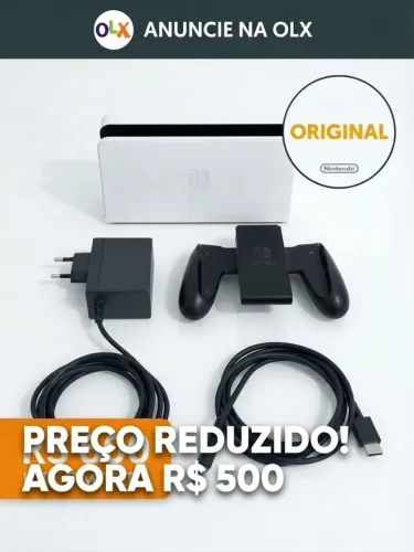 Kit Dock Nintendo Switch OLED Branco + Fonte e Cabo HDMI e Joy con grip Originais