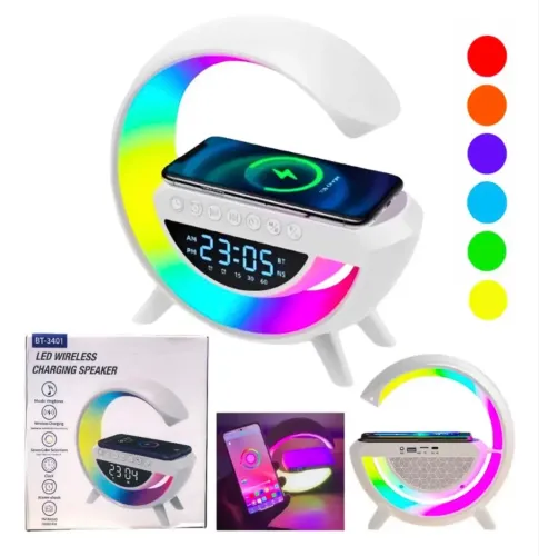 Luminária Led G Speaker Bluetooth Carregador Indução Relógio
