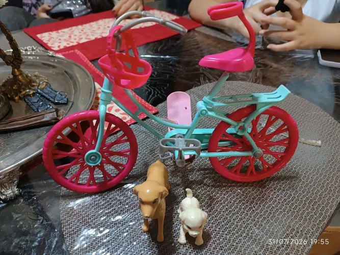 Bicicleta para Boneca Barbie com Capacete, Skate e Cachorrinhos