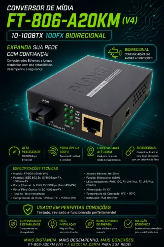 Conversor De Midia PLANET FT-806-A20KM (V4) 10-100btx 100fx Bidirecional