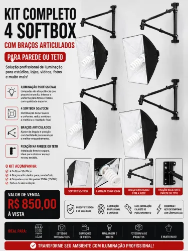 Kit Completo 4 Softbox 50x70cm com Braços Articulados para Estúdio