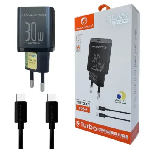 Carregador Turbo PD30W Fonte 3A Carregar Celular Portátil Com Cabo Tipo-C